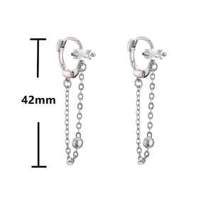 Silver drop earrings with rectangle cubic zirconia and dual chain tassels, 42mm length
