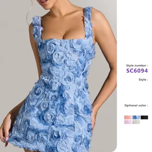 Mini Robe Fleur Rose 3D Col Carré Dos Nu Sangles Croisées Mince Sexy Sans Manches Cami Party Été Femmes Chic