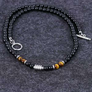 Men's hip hop tiger eye bead necklace with black stones and silver cylinder accent
