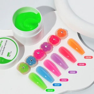 Macro view of 15ml solid builder nail gel with colorful neon 3D flower nail art samples
