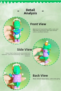 Detailed views of a cute green dinosaur charm wearing headphones and holding a guitar