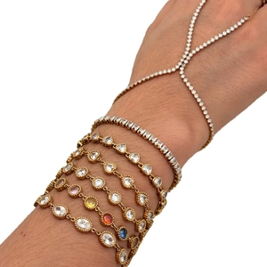 Golden bracelet and ring set with colorful crystals and rhinestones for women