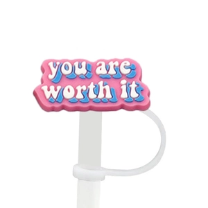 Detail of pink cloud silicone straw cover with blue You Are Worth It inspirational text