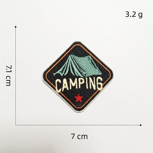 Detail view showing dimensions and weight of the camping tent embroidered patch