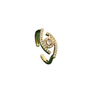 Golden Evil Eye ring with emerald green inlay and clear cubic zirconia stones