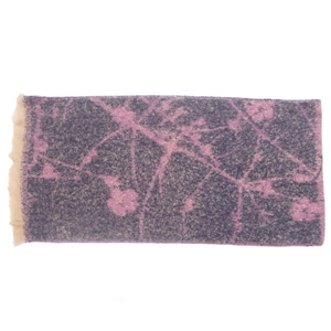 Close-up of purple jacquard flower scarf featuring pink floral patterns and short fringes