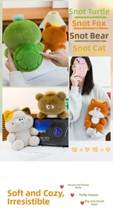Detail of plush turtle and bear toys with creative runny nose design and soft fur