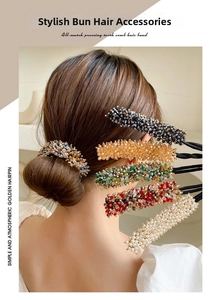 Detail view of crystal and pearl hair bun maker styling tools in various elegant colors