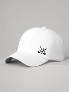 Detail of embroidered black golf logo on white cotton twill baseball cap with stitching