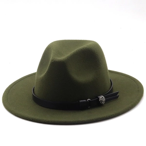 Dark green wide brim wool fedora hat with black leather belt and silver floral buckle