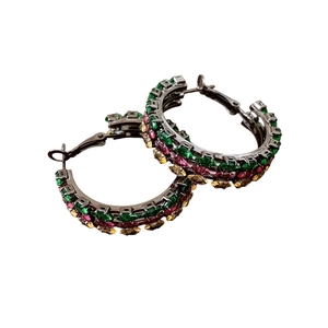 Vintage round hoop earrings with multicolor zircon stones in retro dark metal