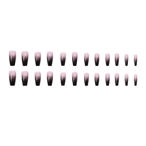 Long ballet press-on nails with purple to black gradient and silver glitter finish