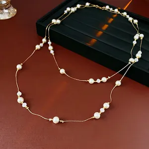 French vintage artificial crystal and pearl beaded long necklace with gold accents