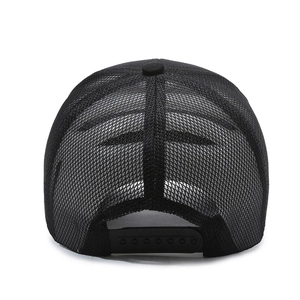 Men's summer black mesh trucker hat with breathable fabric and adjustable snapback closure