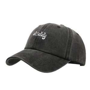 Vintage washed cotton dark grey baseball cap with white 'daddy' embroidery detail