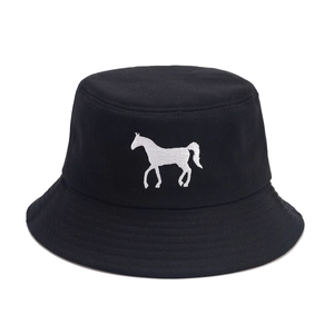 Bob unisexe en toile noire avec broderie cheval blanc pour protection solaire extérieure