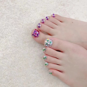 Handmade luxury glitter press-on toenails featuring a colorful sparkling sequin finish