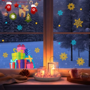 Colorful Christmas window clings with snowflakes and gift boxes for festive home decoration