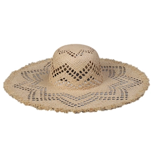 Handwoven raffia sun hat for women with wide brim, hollow pattern and fringe edge