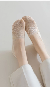 Close-up of beige lace no-show socks with elegant floral patterns and elastic edge