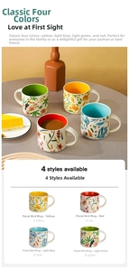 Detailed view of hand-painted ceramic mugs with bird patterns and colorful interiors