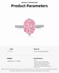 Detail view of 925 sterling silver ring with 3ct pink ice-cut zircon and specifications
