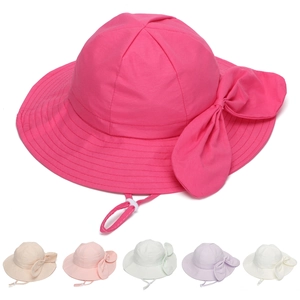 Kids wide brim sun hat with bow and windproof rope in multiple vibrant summer colors
