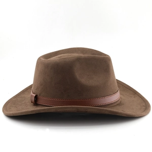Detail of dark brown faux suede cowboy hat featuring a classic leather decorative band