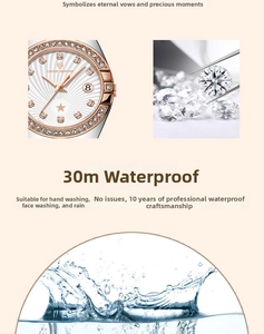Detail of waterproof quartz watch featuring crystal bezel and date window