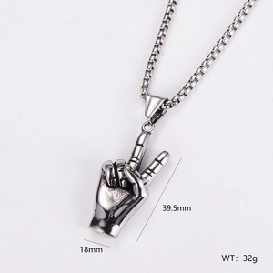 Polished stainless steel victory hand pendant necklace with 39.5mm length and 18mm width