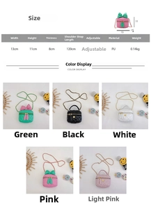 Detailed size chart showing 13x11x8 cm dimensions for the quilted sequin child handbag