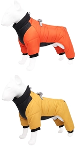 Detailed view of waterproof thickened pet dog winter coat in orange and yellow color options