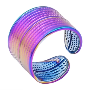 Macro detail of wide rainbow titanium steel adjustable ring with horizontal texture