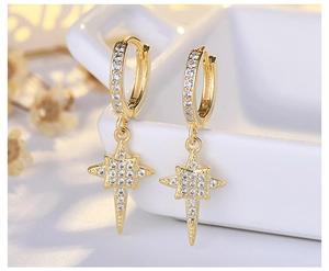 Detailed close-up of S925 sterling silver star drop earrings with sparkling pavé zircons