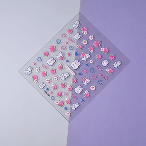 5D embossed nail stickers with cute white rabbits, peaches, and hearts, FEB-791