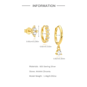 Detailed view of S925 sterling silver gold earrings set with AAAAA zirconia sizes