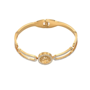 Gold stainless steel tree of life bangle with hollow design and shiny rhinestones