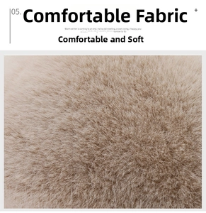 Detailed view of plush light camel faux fur material with soft and thick texture