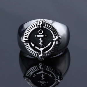 Detailed top view of a silver nautical anchor ring with compass scales and engraving