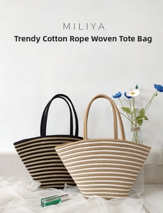 Detail of hand-woven cotton rope tote bags with contrast stripes and textured weave