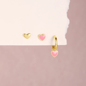 Detailed view of S925 silver heart earring set featuring pink enamel on golden plating