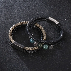 Punk double-layer leather chain bracelet with titanium steel lion charm and magnetic clasp
