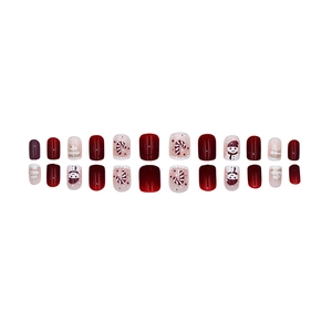 Christmas press-on nails set with red gradient, snowman patterns and candy cane designs