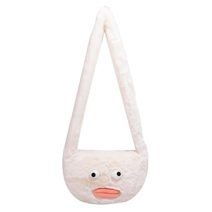 Funny white plush shoulder bag with cartoon eyes and pink sausage lips on a white background