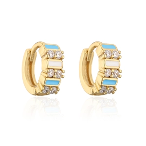 Bohemian gold-plated earrings with blue and white enamel stripes and zircons
