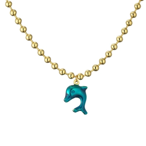 Golden bead chain necklace featuring a vibrant teal dolphin pendant with enamel finish