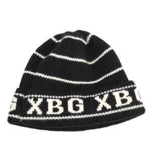 Chic black and white striped knit beanie with bold XBG letter embroidery for winter warmth