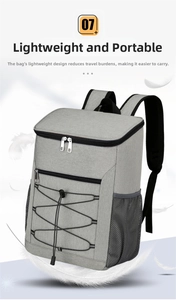 Detail of insulated grey Oxford cloth backpack with elastic front cords and side mesh pockets