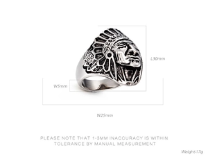 Detailed size specifications for punk Indian chief ring with 30mm height and weight data