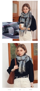Detail of blue and grey checkered scarf with red lines and soft fringe texture